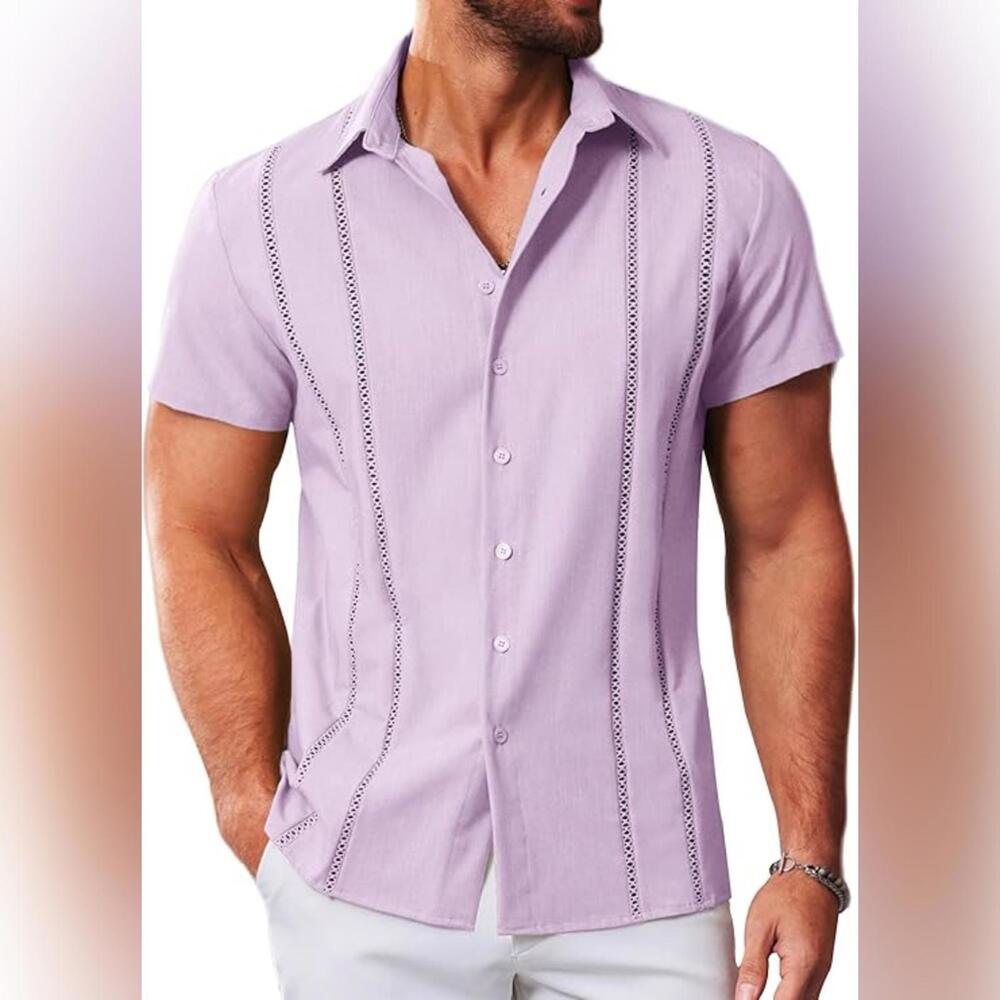 NWT MAPICK Men's Cuban Guayabera Short Sleeve Button Down Shirt, Purple, Medium